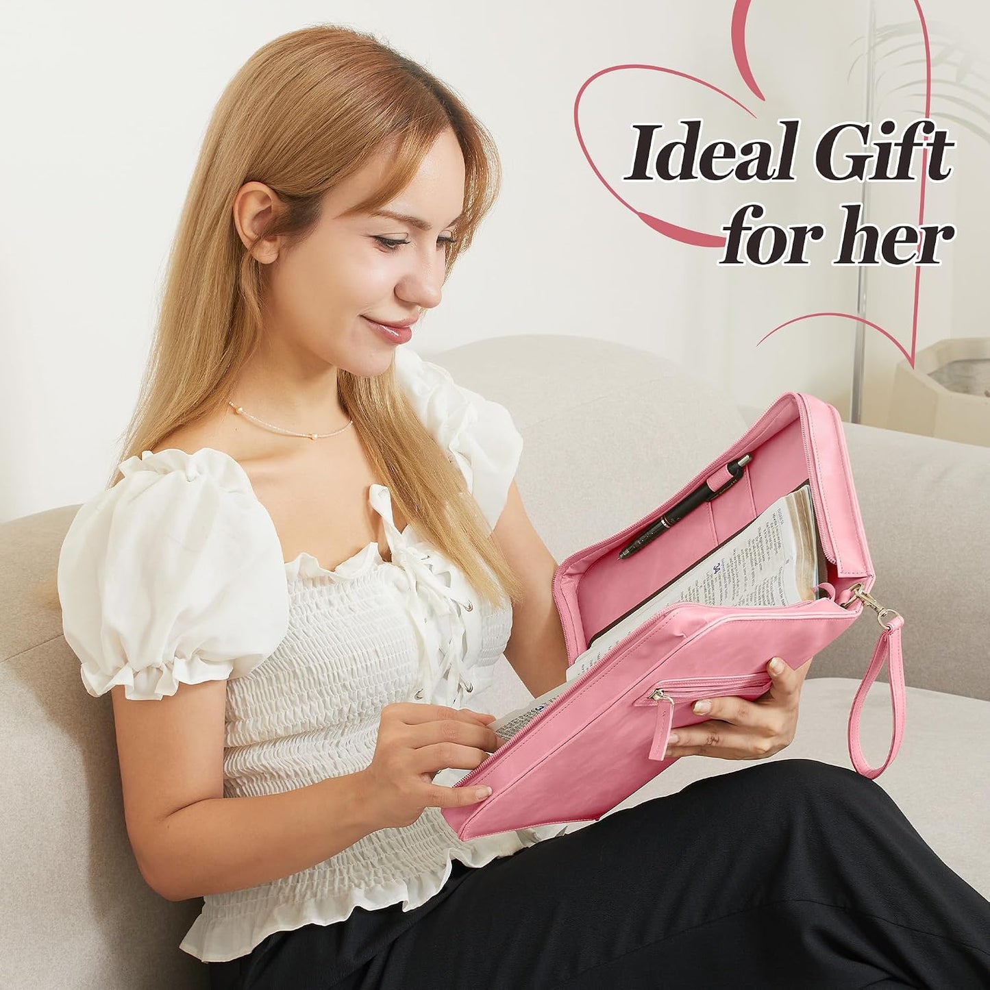 Leather Bible Cover for Women, Zippered Floral Bible Case with Handle, Pink