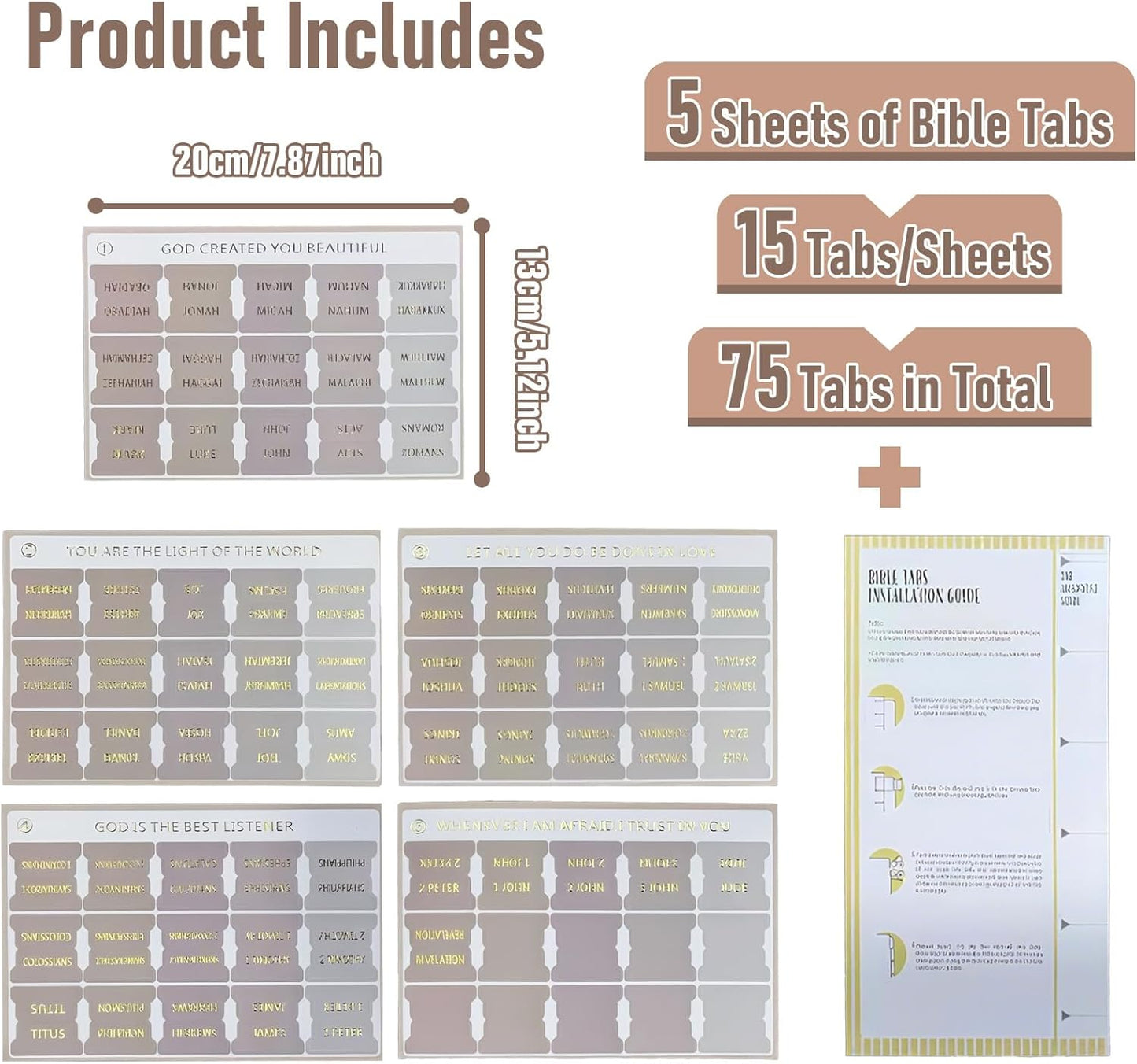 Laminated Bible Tabs for Women and Men, Bible Study Tabs, Bible Study Supplies, Large Print Bible Book Tabs for Women and Men, (Gold Foil Embossed Lettering) Bible Labels Index Tabs (Khaki)