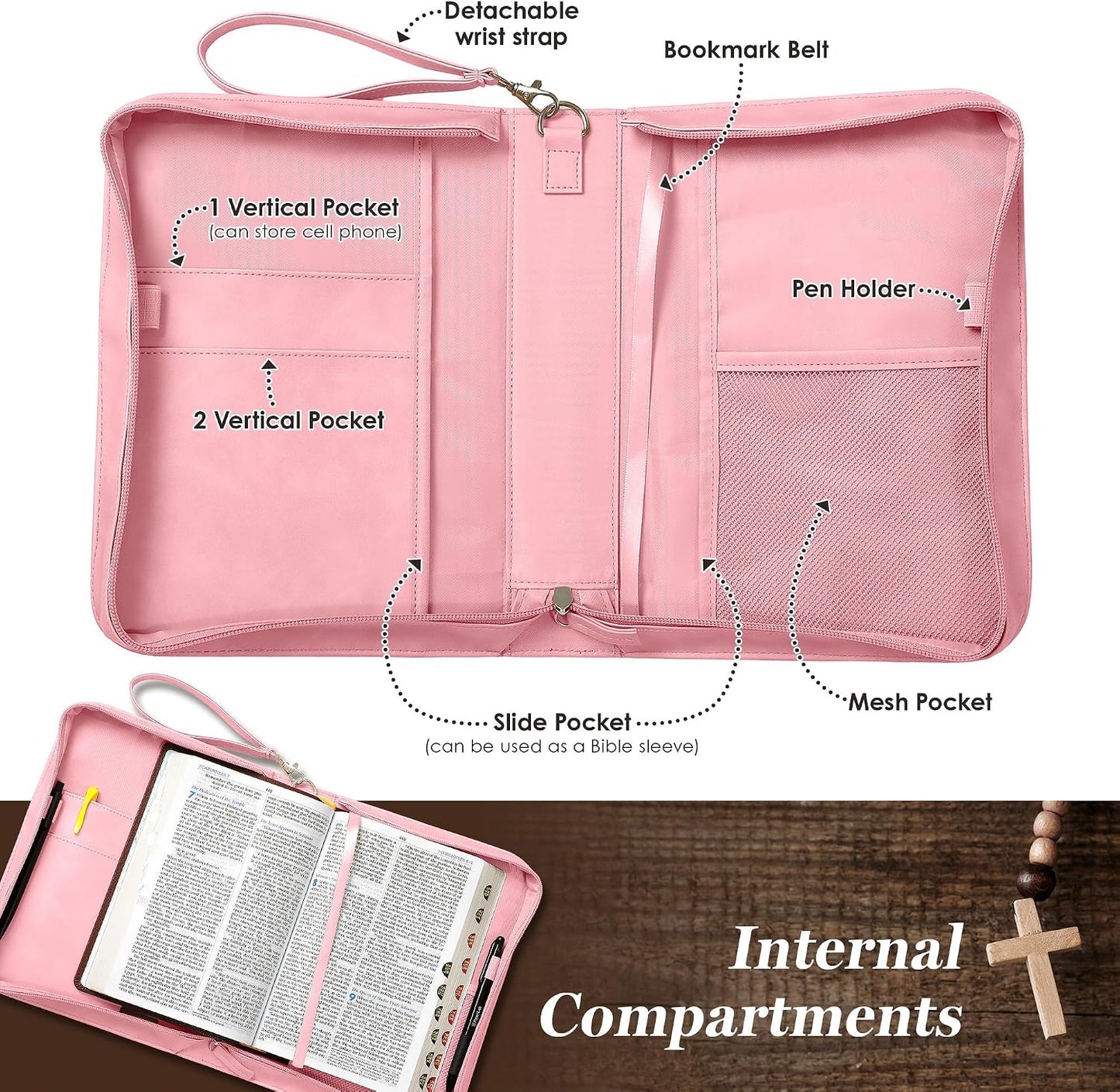 Leather Bible Cover for Women, Zippered Floral Bible Case with Handle, Pink