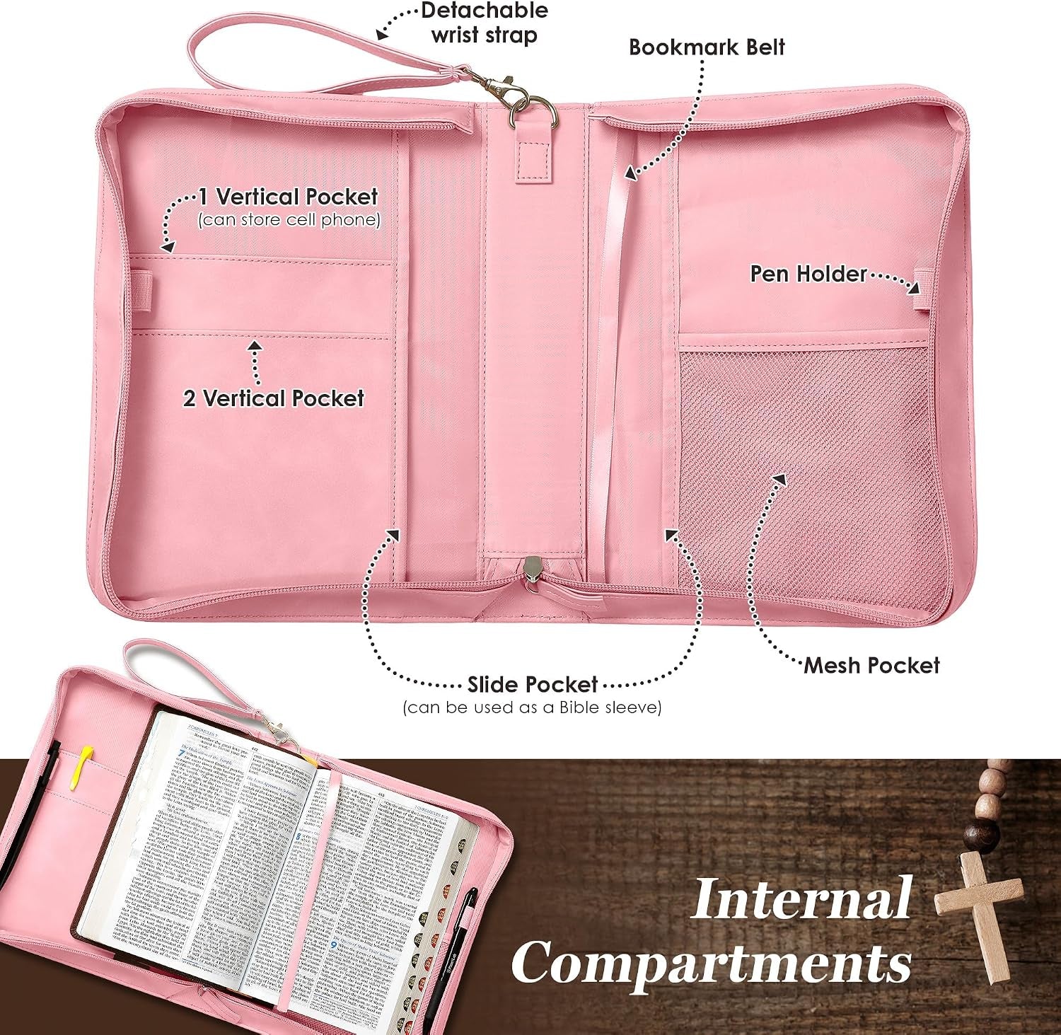 Leather Bible Cover for Women, Zippered Floral Bible Case with Handle, Pink