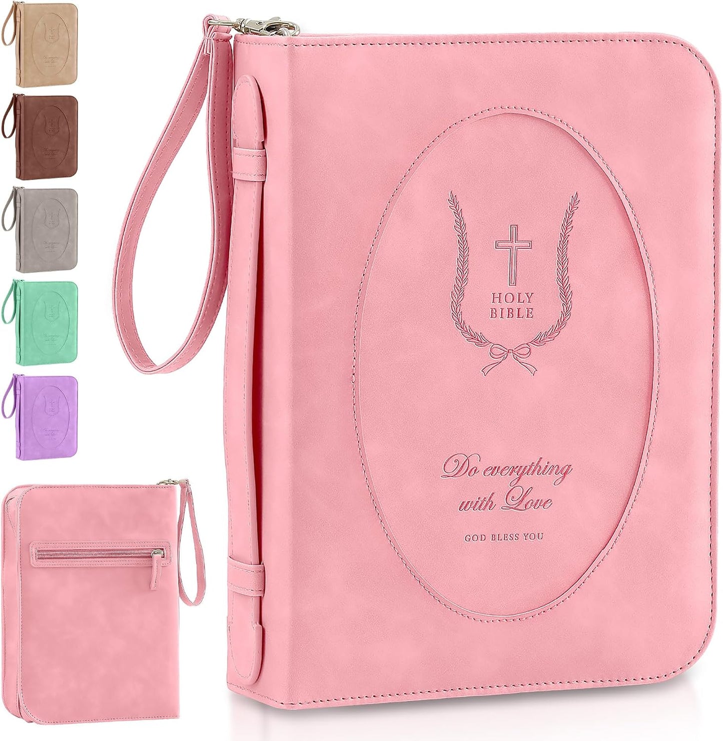 Leather Bible Cover for Women, Zippered Floral Bible Case with Handle, Pink