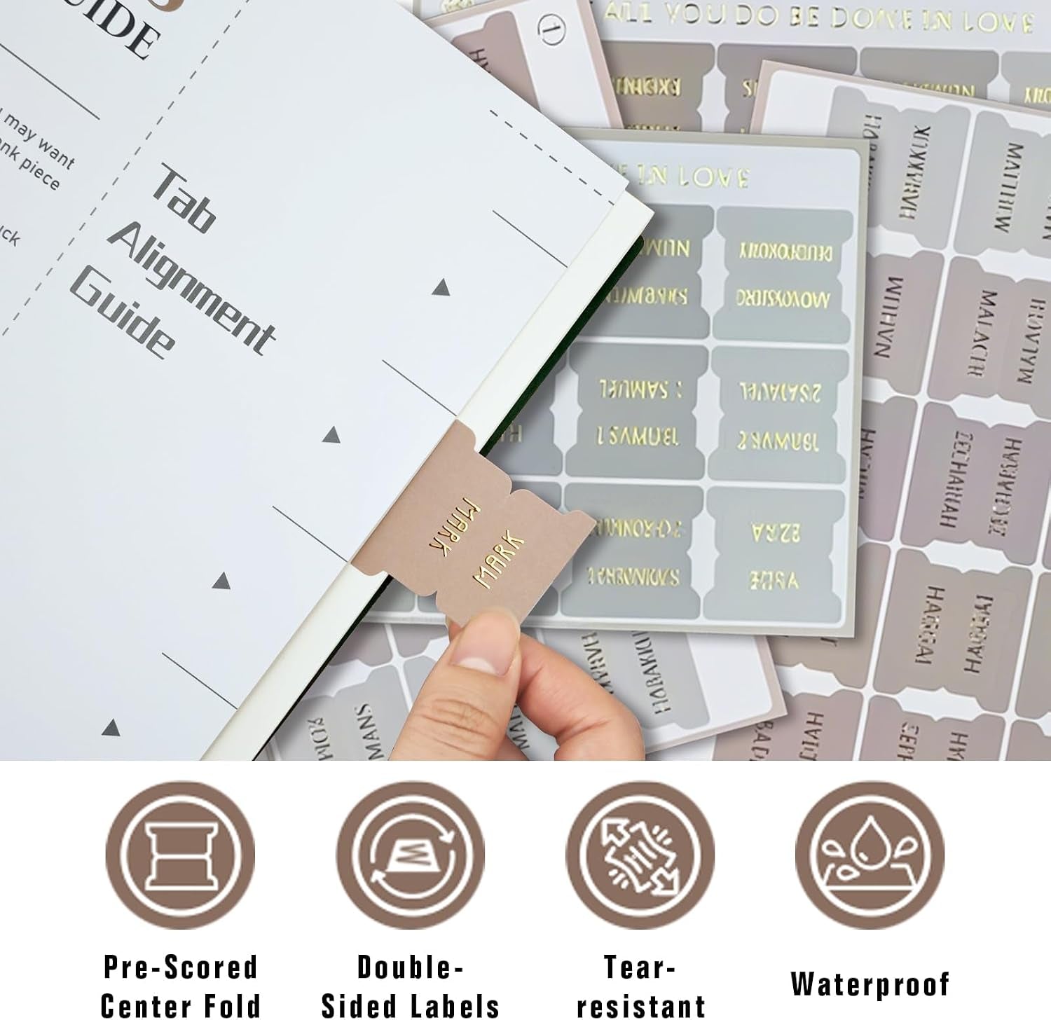 Laminated Bible Tabs for Women and Men, Bible Study Tabs, Bible Study Supplies, Large Print Bible Book Tabs for Women and Men, (Gold Foil Embossed Lettering) Bible Labels Index Tabs (Khaki)