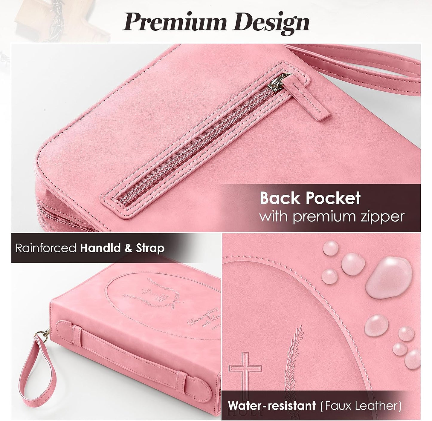 Leather Bible Cover for Women, Zippered Floral Bible Case with Handle, Pink