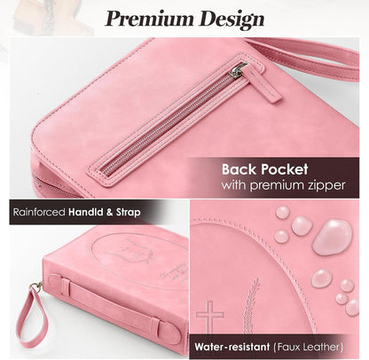 Leather Bible Cover for Women, Zippered Floral Bible Case with Handle, Pink
